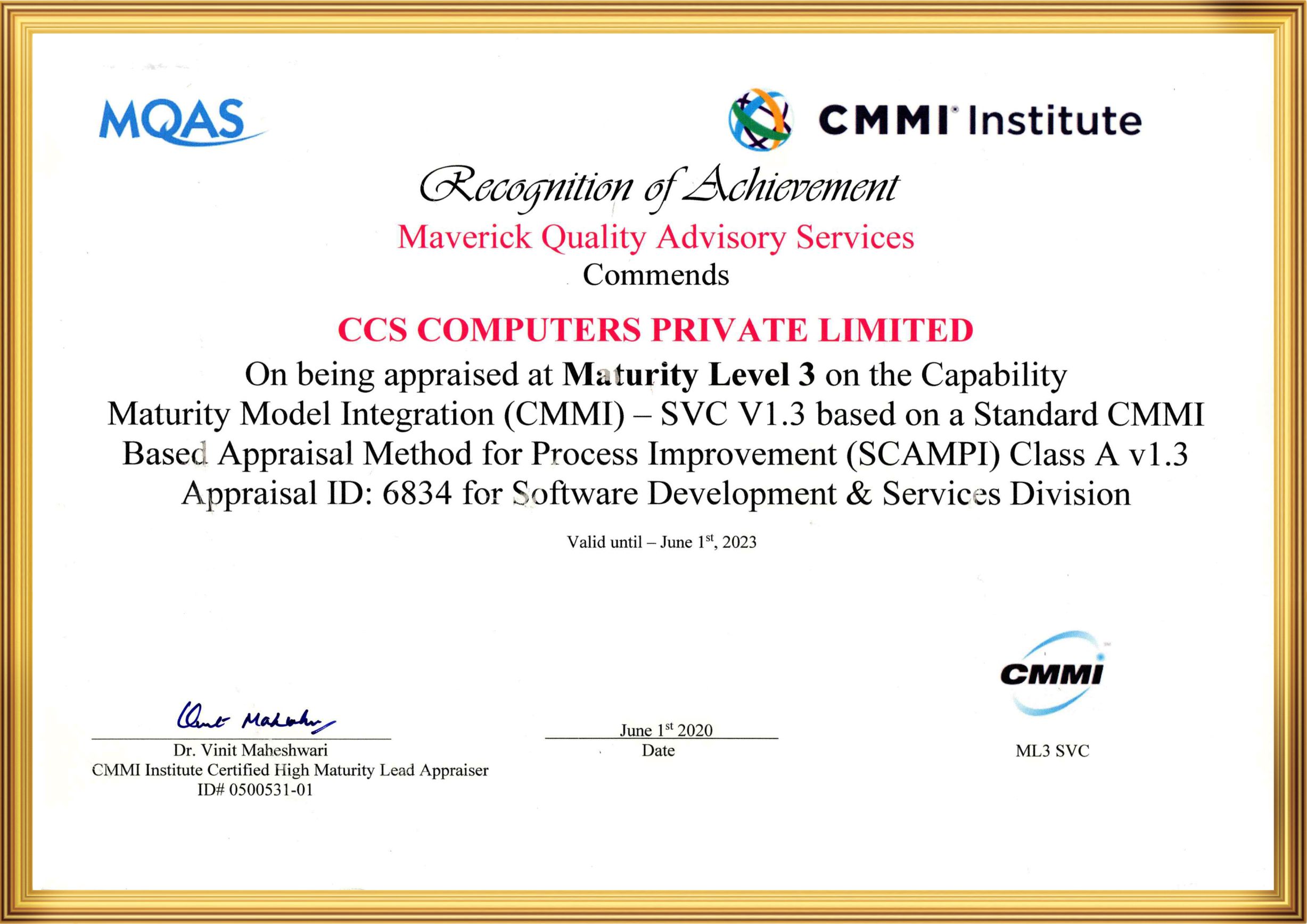 CMMI Level-3 SVC Certificate