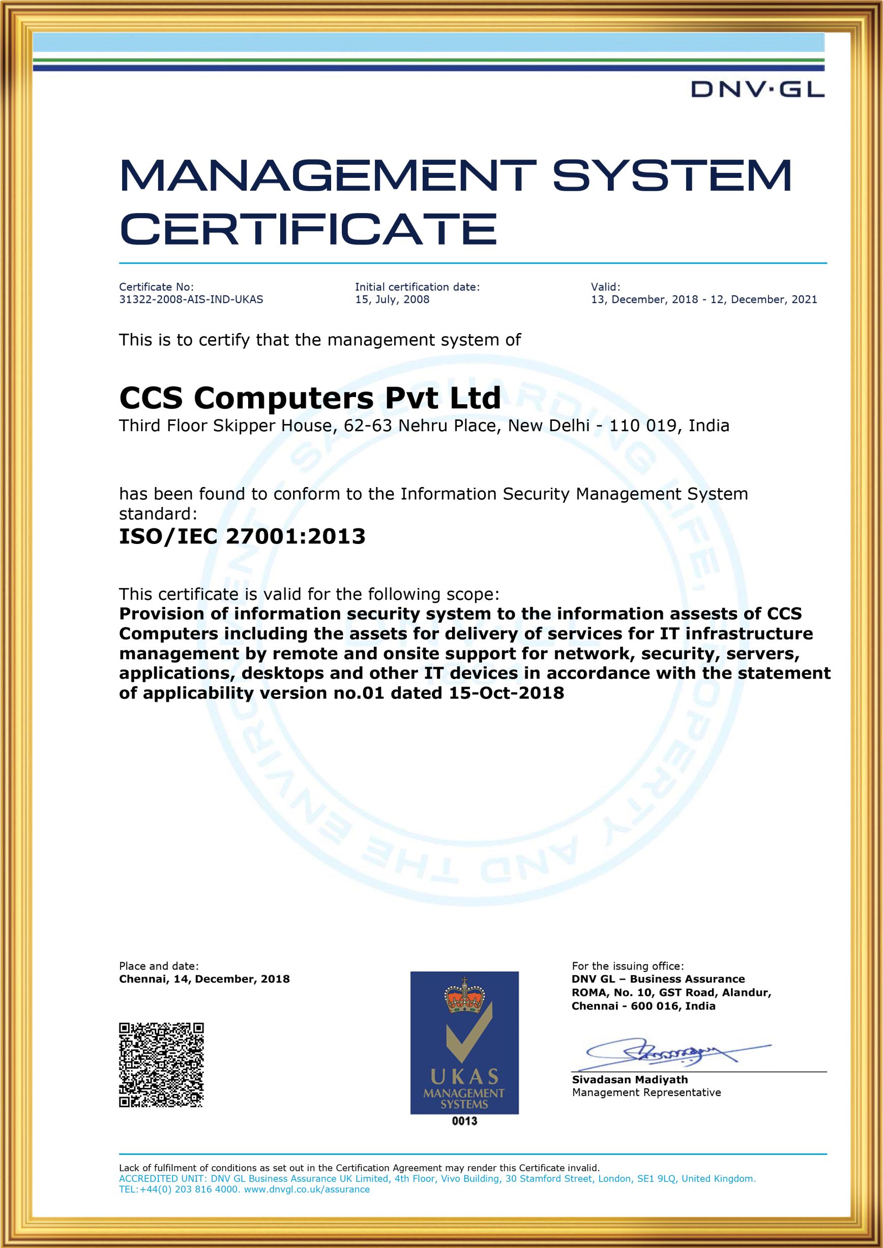 ISO/IEC 27001:2013 Certificate