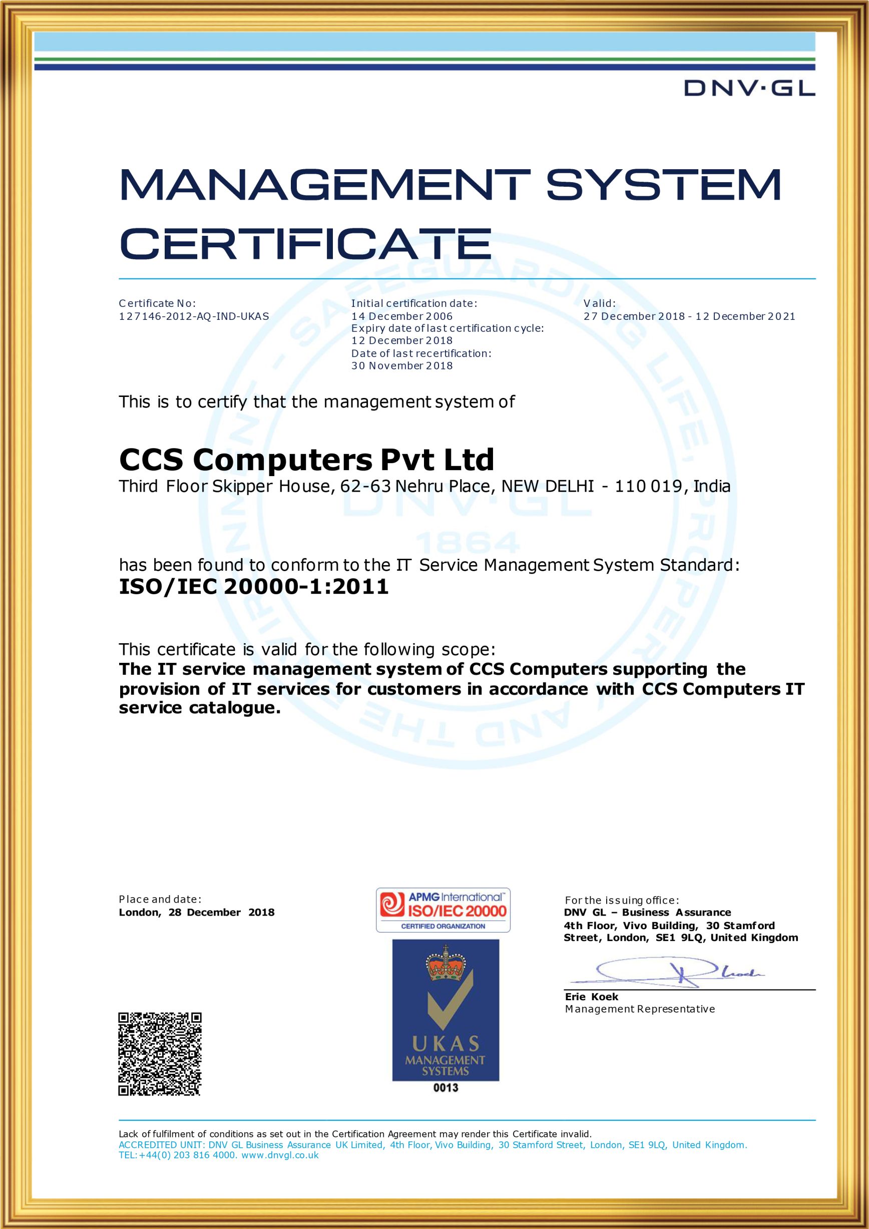 ISO/IEC 20000-12011 Certificate