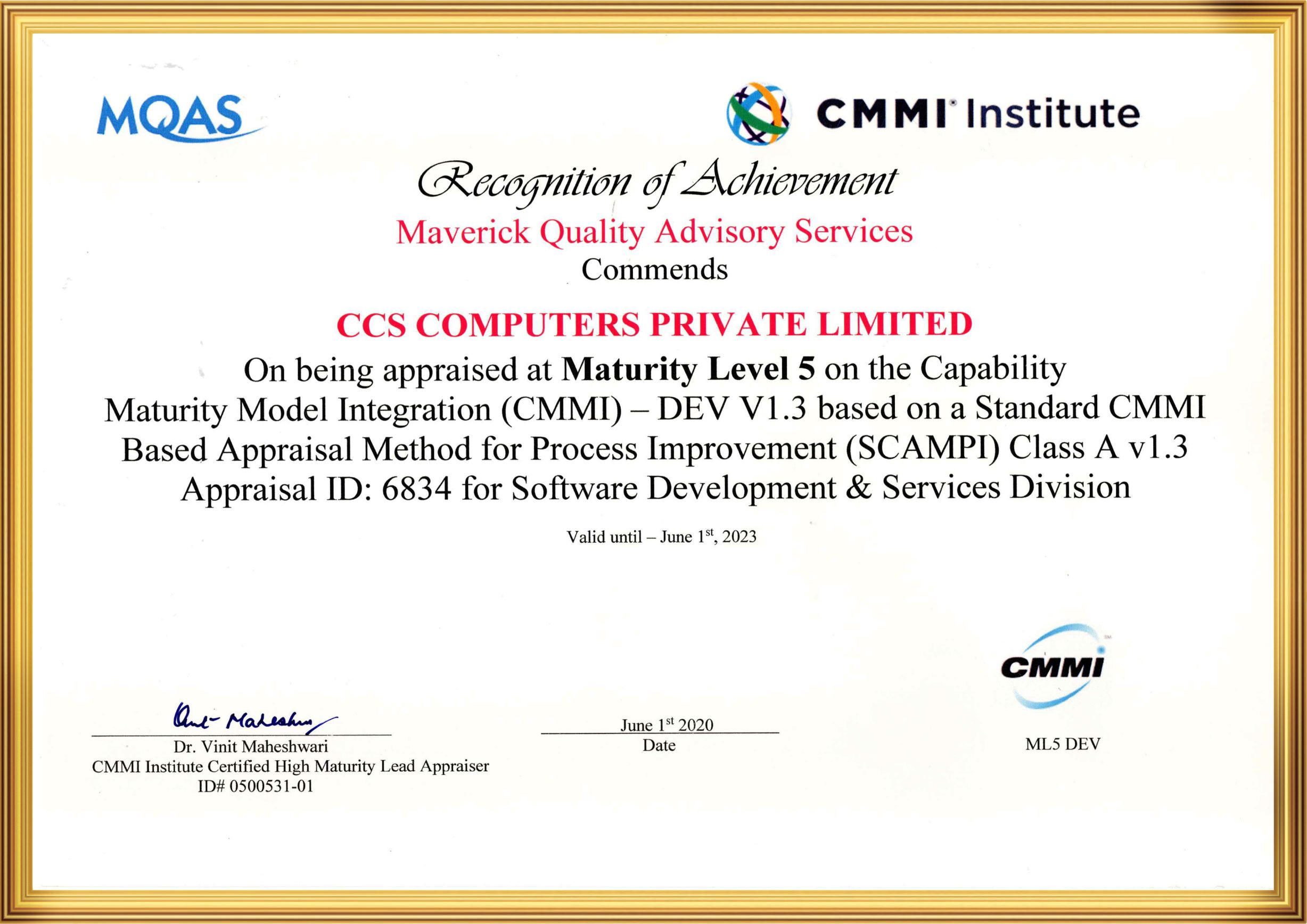 CMMI Level--5 DEV Certificate